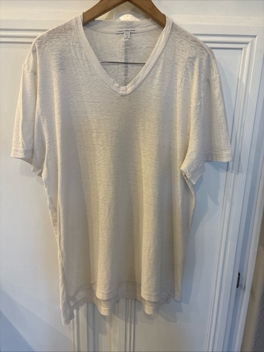 James Perse Standard V Neck T Shirt  Cotton Minimalist Size 3 Mens L Cream USA